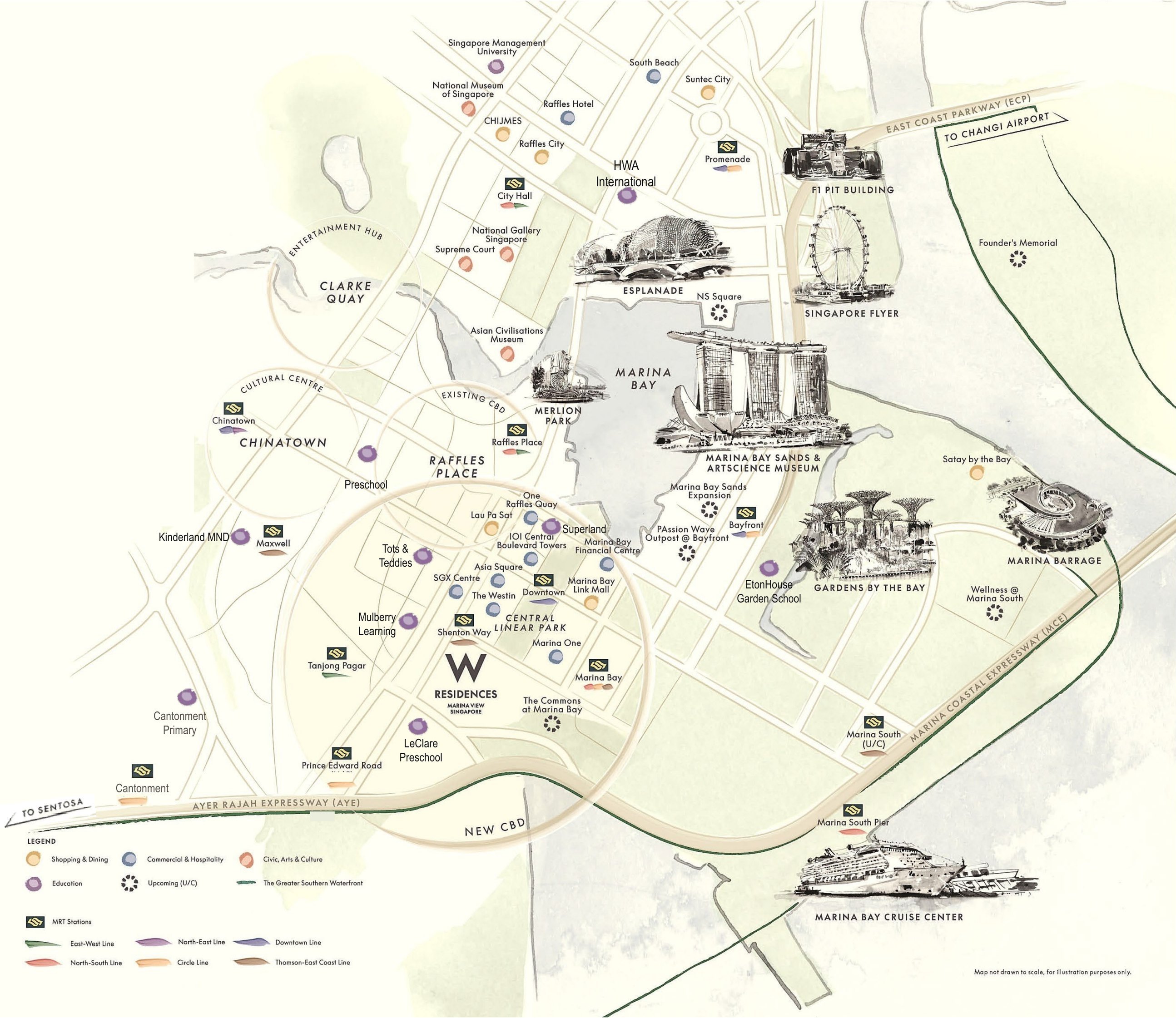 W Residences Marina View location map with nearby schools and amenities